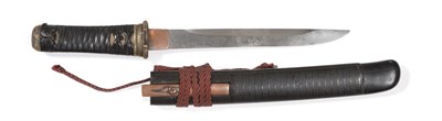 Lot 2195 - A Japanese Shinto Aikuchi, the 22cm unsigned steel blade with faint hamon and chamfered back...