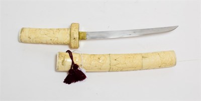 Lot 2198 - A 19th Century Japanese Aikuchi, the 21cm single edge steel blade with one piece brass habaki,...