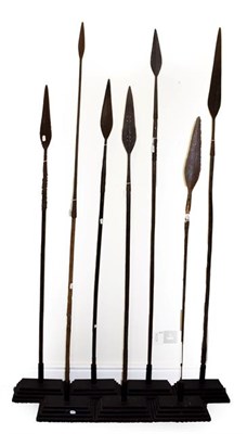 Lot 2264 - A Collection of Seven Late 19th/20th Century African Spears, Upper Congo, most with leaf shape iron
