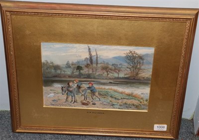 Lot 1006 - Richard Peter Richards (1840-1877) Children with a donkey Signed, watercolour heightened with...