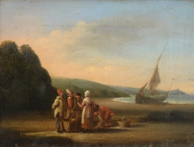Lot 1007 - Circle of William Shayer Sr (1787-1879) Fisher folk on a beach Oil on canvas, 17.5cm by 24cm