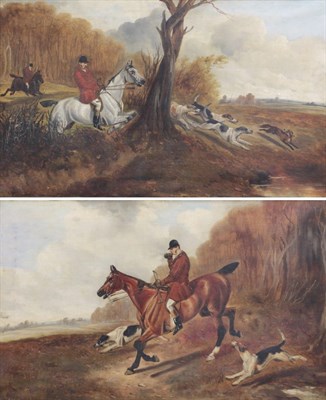 Lot 1008 - British School (19th century)  A pair of naive hunting scenes Oil on canvas, 39.5cm by 64.5cm