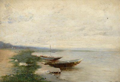 Lot 1016 - Follower of Charles-François Daubigny (1817-1878) A hazy river scene Indistinctly signed, oil...
