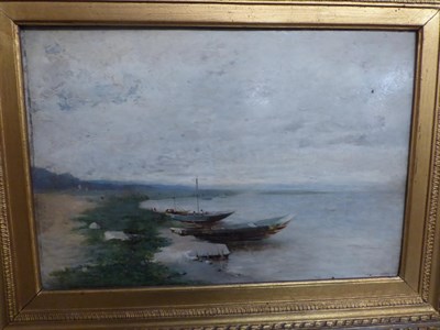 Lot 1016 - Follower of Charles-François Daubigny (1817-1878) A hazy river scene Indistinctly signed, oil...
