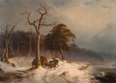 Lot 1020 - Alexis de Leeuw (1848-1883) Belgian Rider and horse cart in Winter landscape Signed and dated 1861