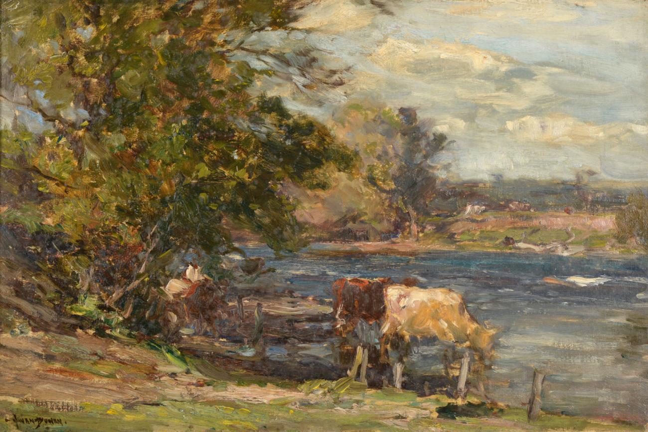 Lot 1021 - Owen Bowen ROI, PRCamA (1873-1967)  Cattle Watering Signed, oil on canvas, 34.5cm by 52cm  Artist's