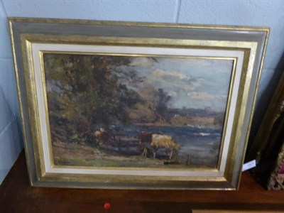 Lot 1021 - Owen Bowen ROI, PRCamA (1873-1967)  Cattle Watering Signed, oil on canvas, 34.5cm by 52cm  Artist's