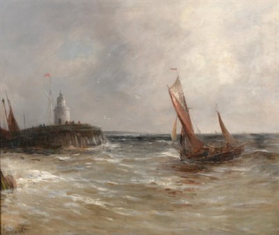 Lot 1039 - Attributed to Gustave de Breanski (c.1856-1898) Fishing boats off a pier in choppy waters...