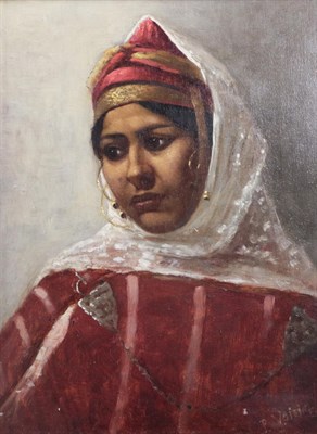 Lot 1047 - P* Voisin (19th century) Contemplation, a North African Beauty Signed, oil on panel, 33cm by 24cm