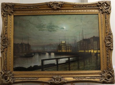 Lot 1053 - Manner of John Atkinson Grimshaw (1836-1893)  Nocturne Harbour scene, Whitby Bears signature,...