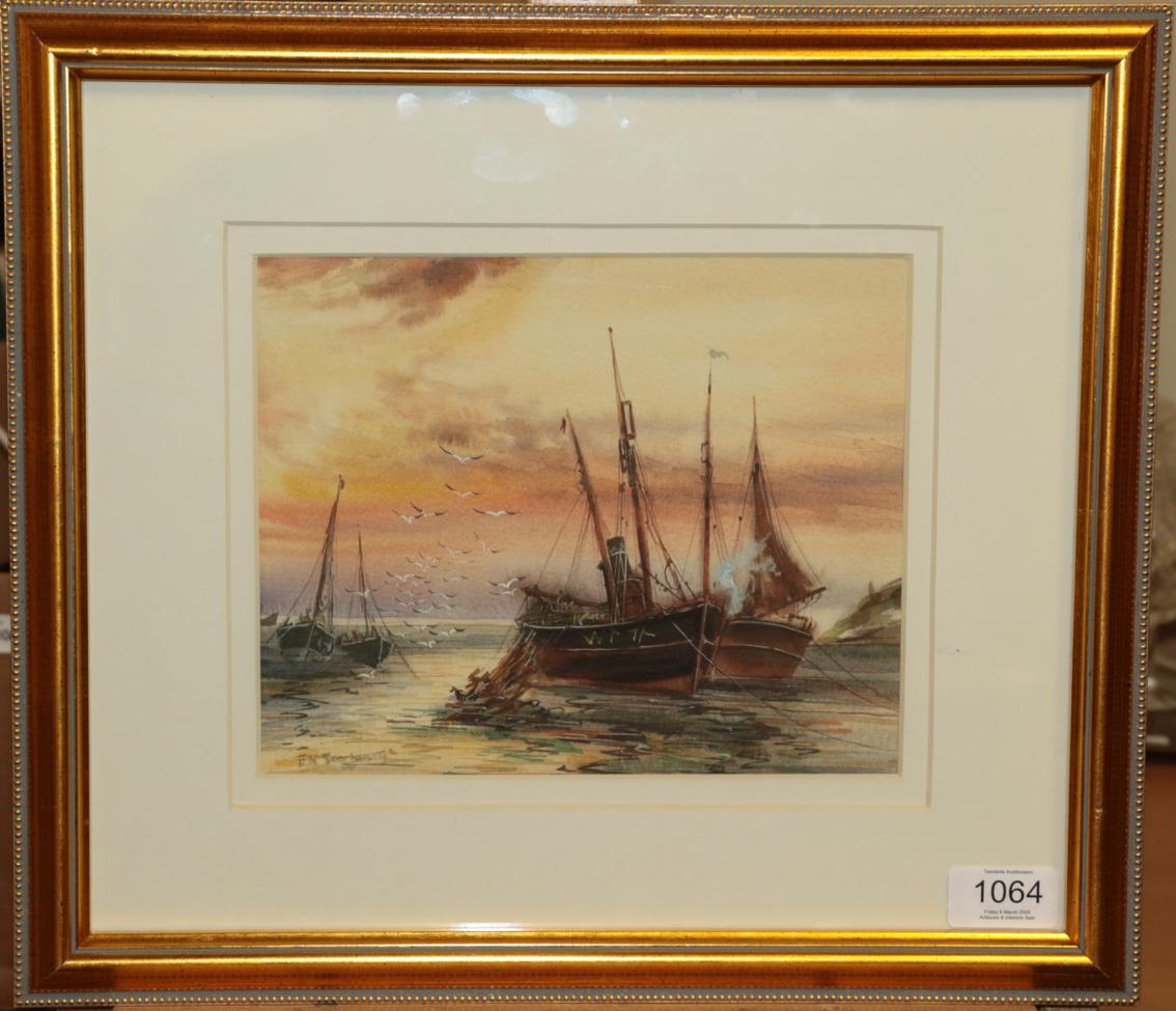 Lot 1064 - Frederick William Scarborough (1860-1939) Fishing boats moored at low tide Signed, watercolour,...