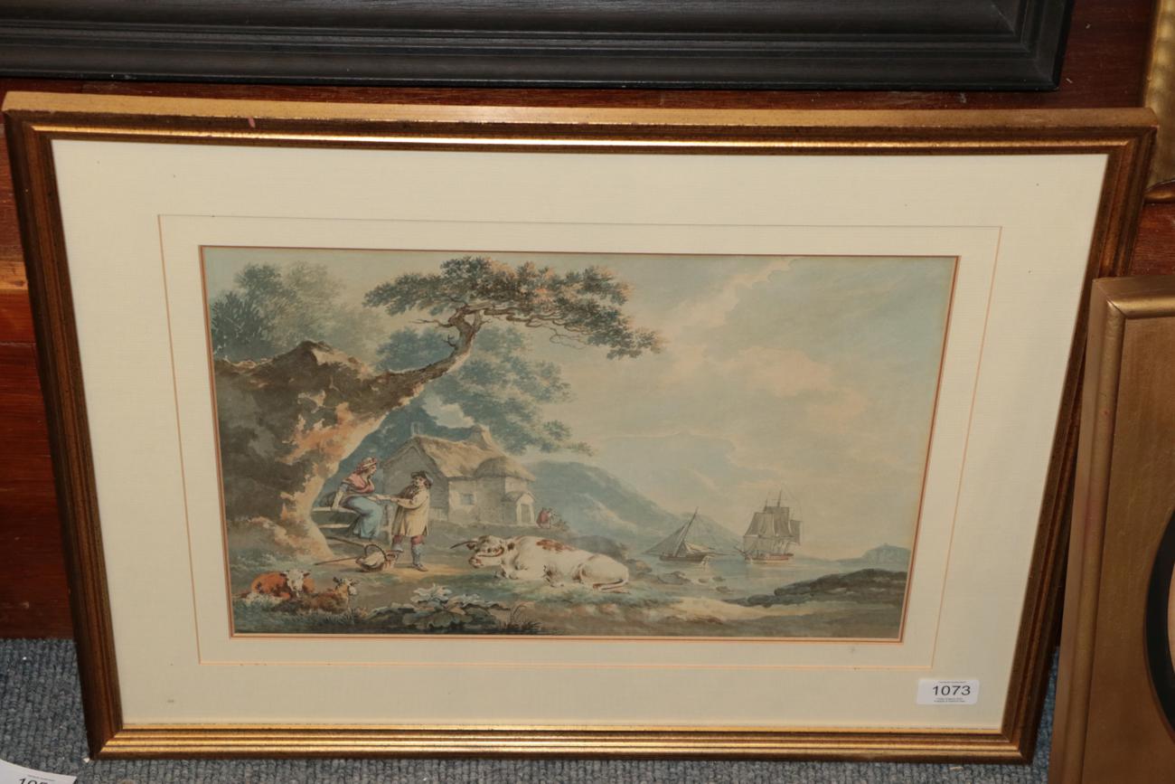 Lot 1073 - Peter La Cave (fl.1769-1817) Country folk in a romantic tryst Watercolour, 28.5cm by 40.5cm...