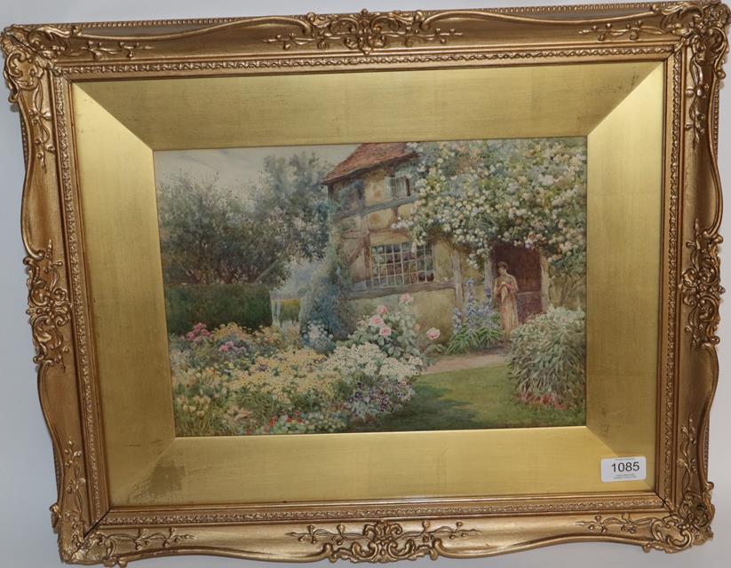 Lot 1085 - George H Hughes (exh.1894-1909) Cottage garden with a timber framed house Signed, watercolour, 24cm