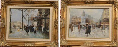 Lot 1101 - L* Ross (20th century) A Parisian street scene with figures in snow Signed, oil on board,...
