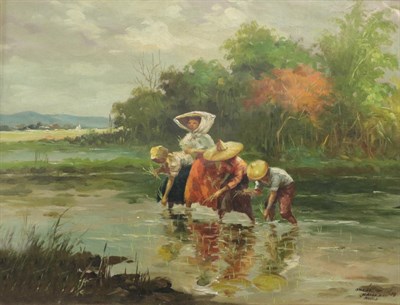 Lot 1105 - Oscar T Navarro (1921-1973) Filipino  In the rice paddy Signed, inscribed and dated 1958, 42cm...