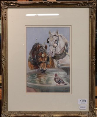 Lot 1109 - Mabel Gear (1900-1997) Two horses and a pigeon Signed, watercolour, 28cm by 18.5cm  Provenance:...