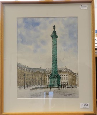 Lot 1116 - David Gentleman (b.1930) ''The Place Vendome and the Ritz'' Signed, ink and watercolour, 35cm...