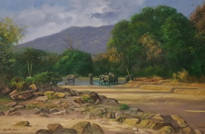 Lot 1146 - John Trickett (b.1953) Watering Elephants Signed, oil on canvas, 61cm by 91.5cm   Artist's...