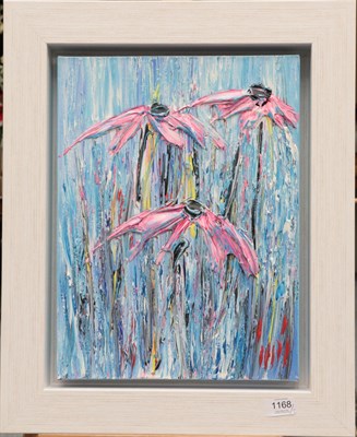 Lot 1168 - Carl Scanes (Contemporary) ''Three Pink Coneflowers II'' Acrylic on canvas, together with Annie...