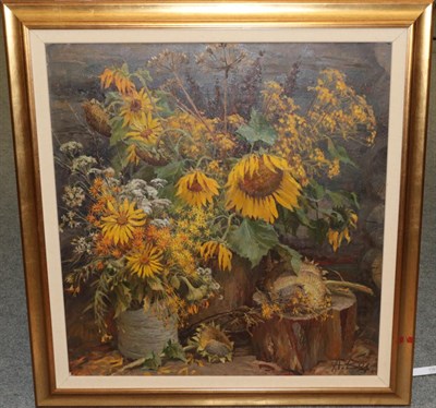 Lot 1183 - Alexander Veprikoc (b.1947) ''Sunflowers'' Signed and dated (19)94, oil on canvas, 94cm by 89cm...