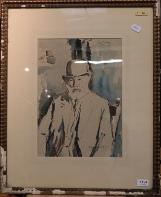 Lot 1194 - Philip Naviasky (1894-1983)  Portrait of a gentleman wearing a bowler hat, three-quarter length...