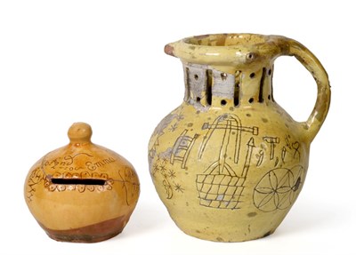 Lot 4 - A Barnstaple Slipware Puzzle Jug, dated 1822, of traditional baluster form with pierced neck...
