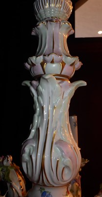 Lot 9 - A Meissen Porcelain Six-Light Chandelier, circa 1866, with leaf sheathed baluster column and scroll