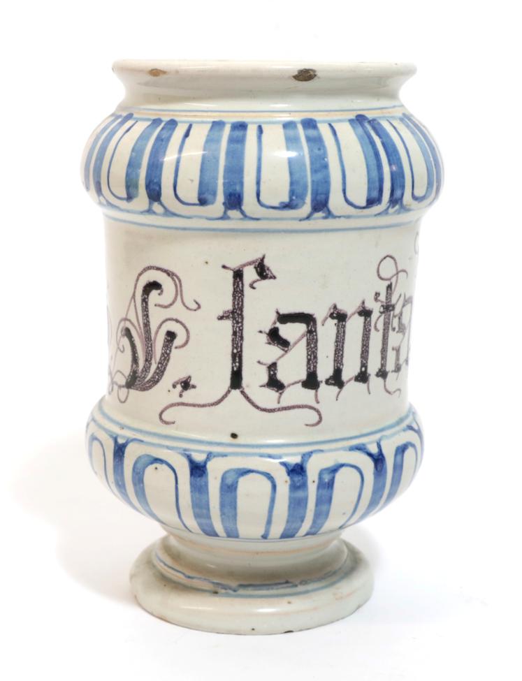 Lot 23 - A Savona Maiolica Alberello, early 18th century, of dumbbell form, inscribed in manganese Lantalimo