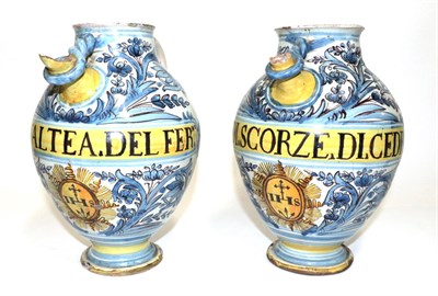 Lot 24 - A Pair of Italian Maiolica Wet Drug Jars, 17th century, of ovoid form, inscribed in manganese SYR o