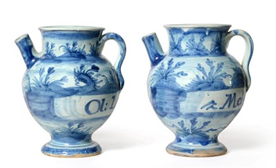 Lot 27 - A Pair of Savona Maiolica Wet Drug Jars, 17th century, inscribed in blue on a landscape ground,...