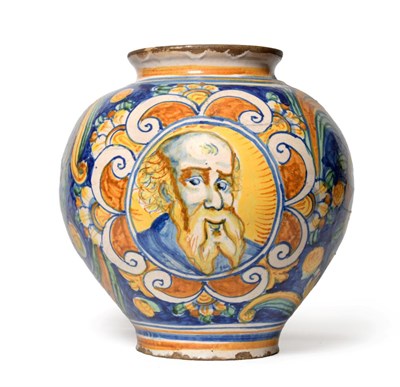 Lot 28 - A Caltageroni Majolica Drug Jar, 17th century, of ovoid form, painted with a bust portrait of a...