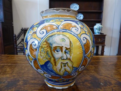 Lot 28 - A Caltageroni Majolica Drug Jar, 17th century, of ovoid form, painted with a bust portrait of a...