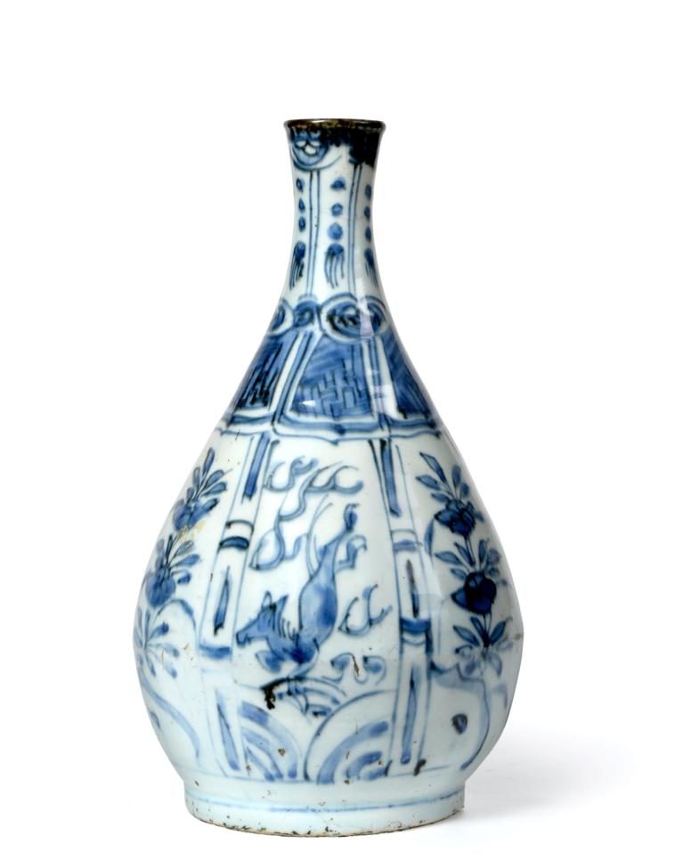 Lot 35 - A Chinese Kraak Porcelain Bottle, early 17th century, of pear shape, painted in underglaze blue...