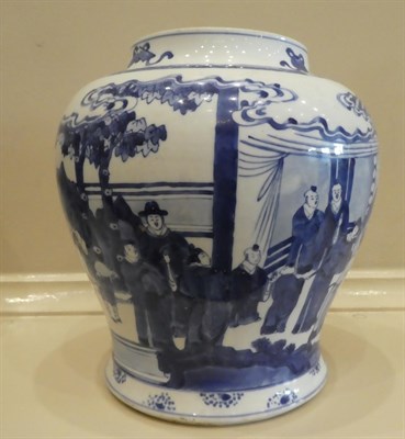 Lot 37 - A Chinese Porcelain Jar, Kangxi, of baluster form, painted in underglaze blue with dignitaries...