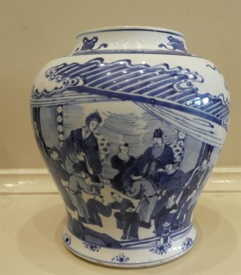 Lot 37 - A Chinese Porcelain Jar, Kangxi, of baluster form, painted in underglaze blue with dignitaries...