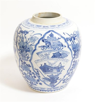 Lot 38 - A Chinese Porcelain Ovoid Jar, Kangxi, painted in underglaze blue with fan shaped panels of...