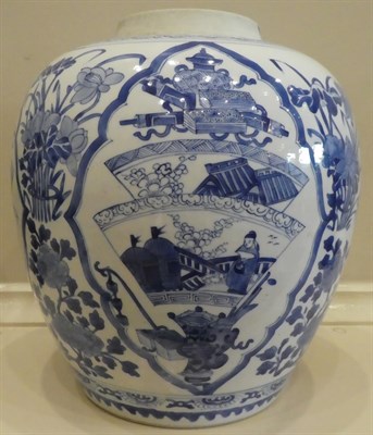 Lot 38 - A Chinese Porcelain Ovoid Jar, Kangxi, painted in underglaze blue with fan shaped panels of...