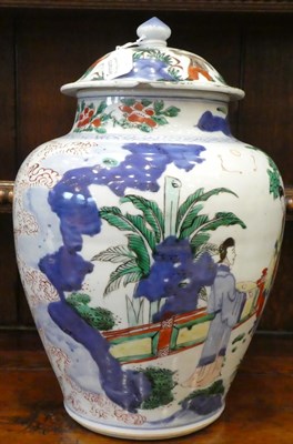 Lot 41 - A Chinese Wucai Porcelain Jar and Cover, mid 17th century, of baluster form, painted with...