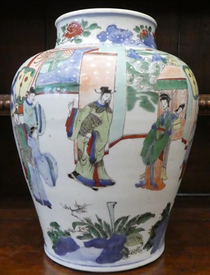 Lot 42 - A Chinese Wucai Porcelain Baluster Jar, mid 17th century, painted with dignitaries and...