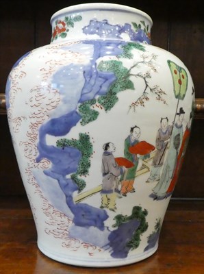 Lot 42 - A Chinese Wucai Porcelain Baluster Jar, mid 17th century, painted with dignitaries and...