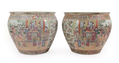 Lot 64 - A Pair of Cantonese Porcelain Fish Bowls, late 19th/20th century, of ovoid form, painted in famille