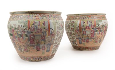Lot 64 - A Pair of Cantonese Porcelain Fish Bowls, late 19th/20th century, of ovoid form, painted in famille