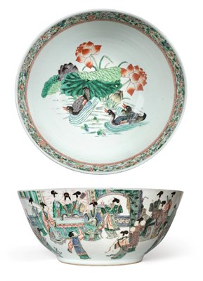 Lot 65 - A Chinese Porcelain Punch Bowl, 19th century, painted in famille verte enamels with figures in...
