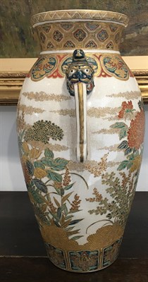 Lot 67 - A Satsuma Earthenware Vase, Meiji period, of baluster form with flared neck and twin mask...