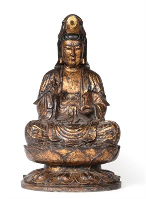 Lot 70 - A Chinese Gilt and Lacquered Wood Figure of Buddha, probably 16th century, carved seated in...