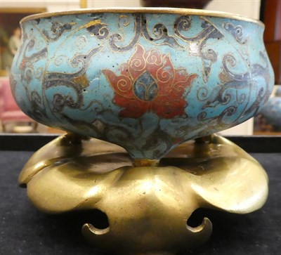 Lot 73 - A Chinese Cloisonné Enamel Censer on Stand, Kangxi period, of squat globular form on tripod...