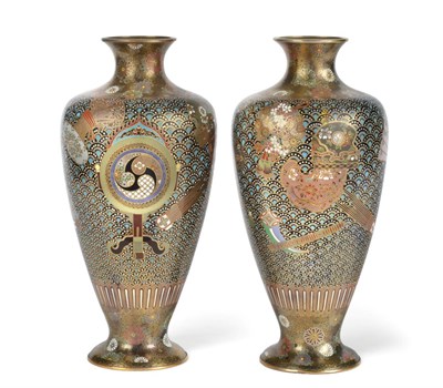 Lot 81 - A Pair of Japanese Cloisonné Enamel Vases, Meiji period, of baluster form with flared necks,...