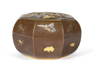 Lot 83 - A Japanese Inlaid Bronze Box and Cover, Meiji period, of cushioned octagonal form, decorated...