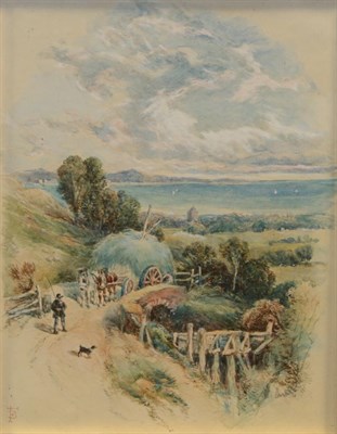 Lot 97 - Myles Birket Foster RWS (1825-1899) Figure with a dog and hay cart on a country lane...