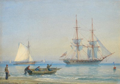 Lot 99 - William Joy (1803-1867) Shipping in a calm Watercolour with scratching out, 18cm by 26cm...